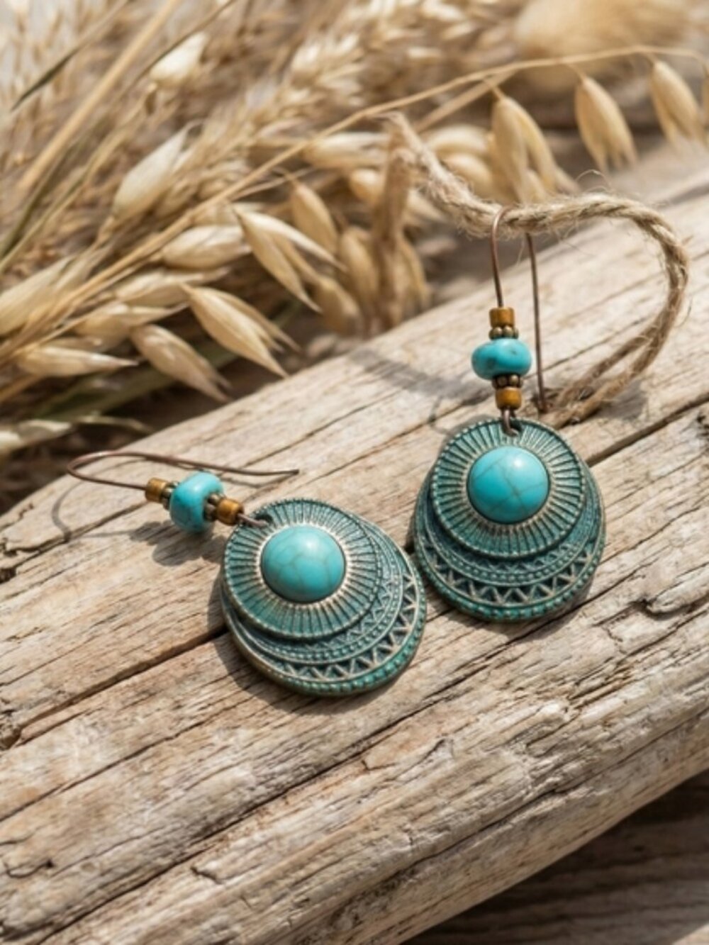Boho Turquoise Drop Earrings Bronze Ethnic Carved Mandala Statement Dangle - Picture 9 of 12